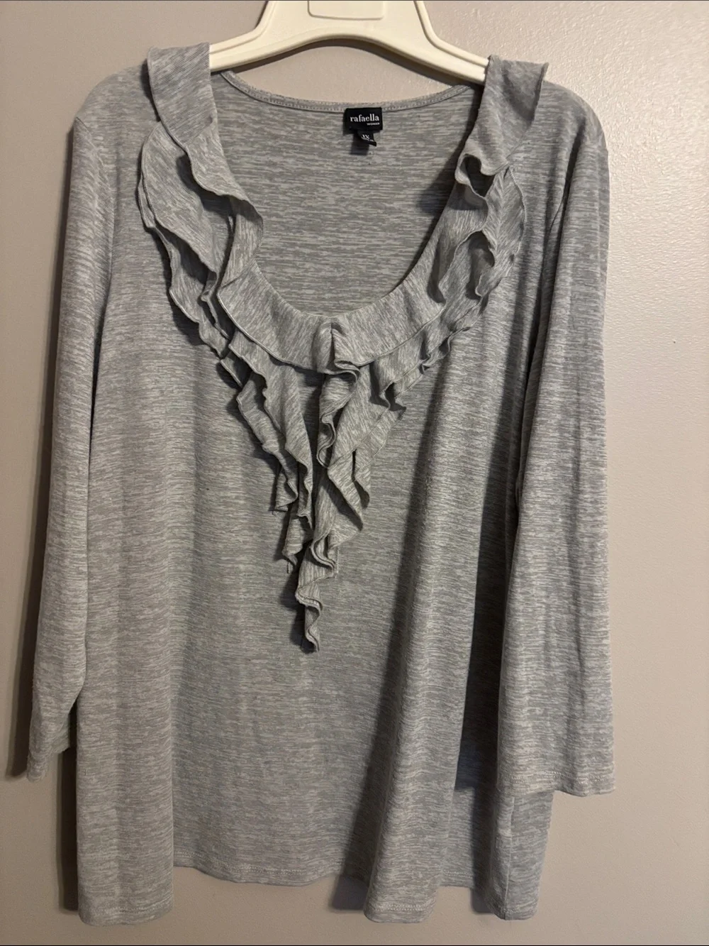 Rafaella Light Gray Long-Sleeve Ruffle V-Neck Top